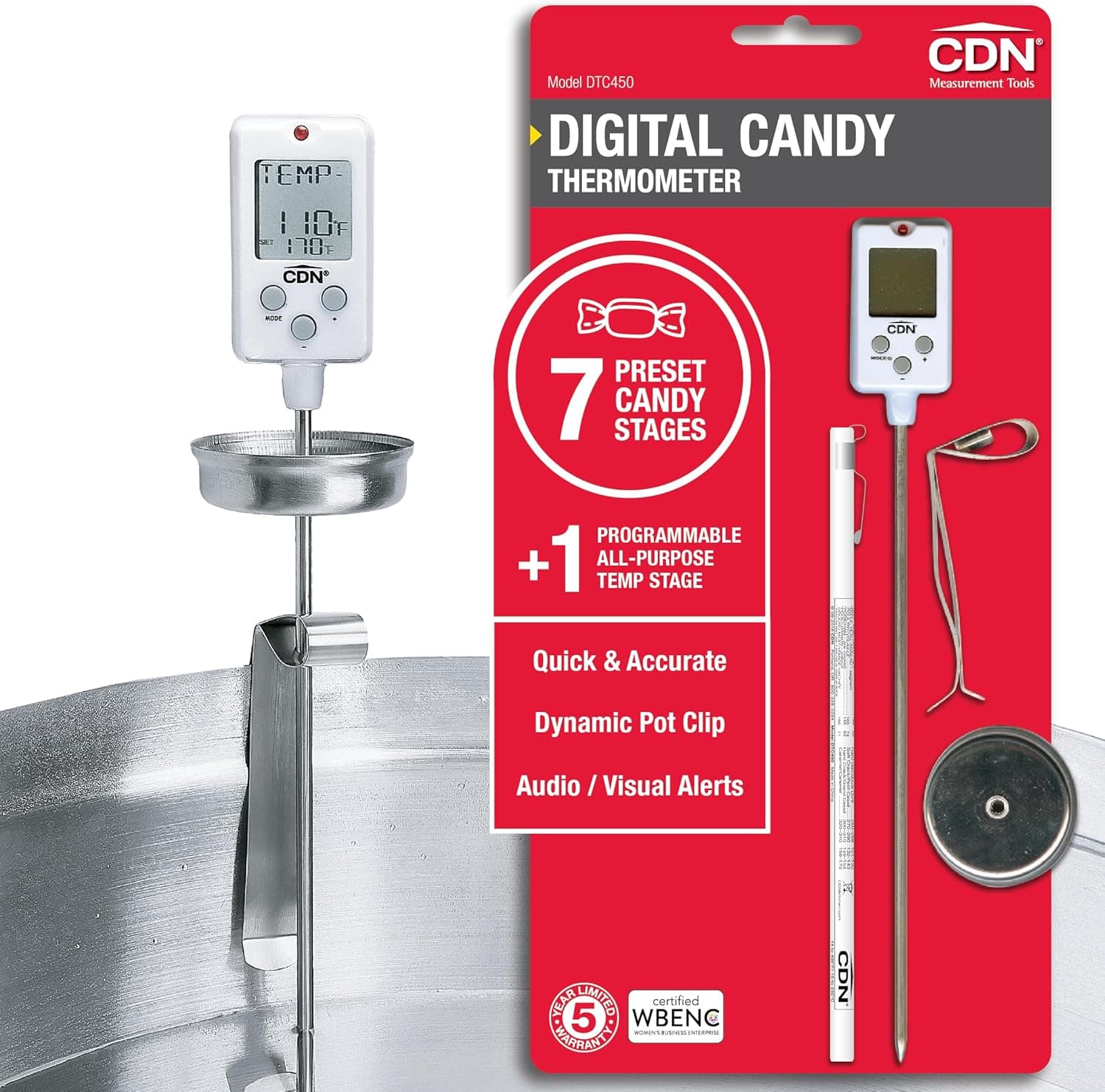 CDN DTC450 Digital Thermometer, 8'' Stainless Steel Stem, Adjustable Pot Clip, Instant Read