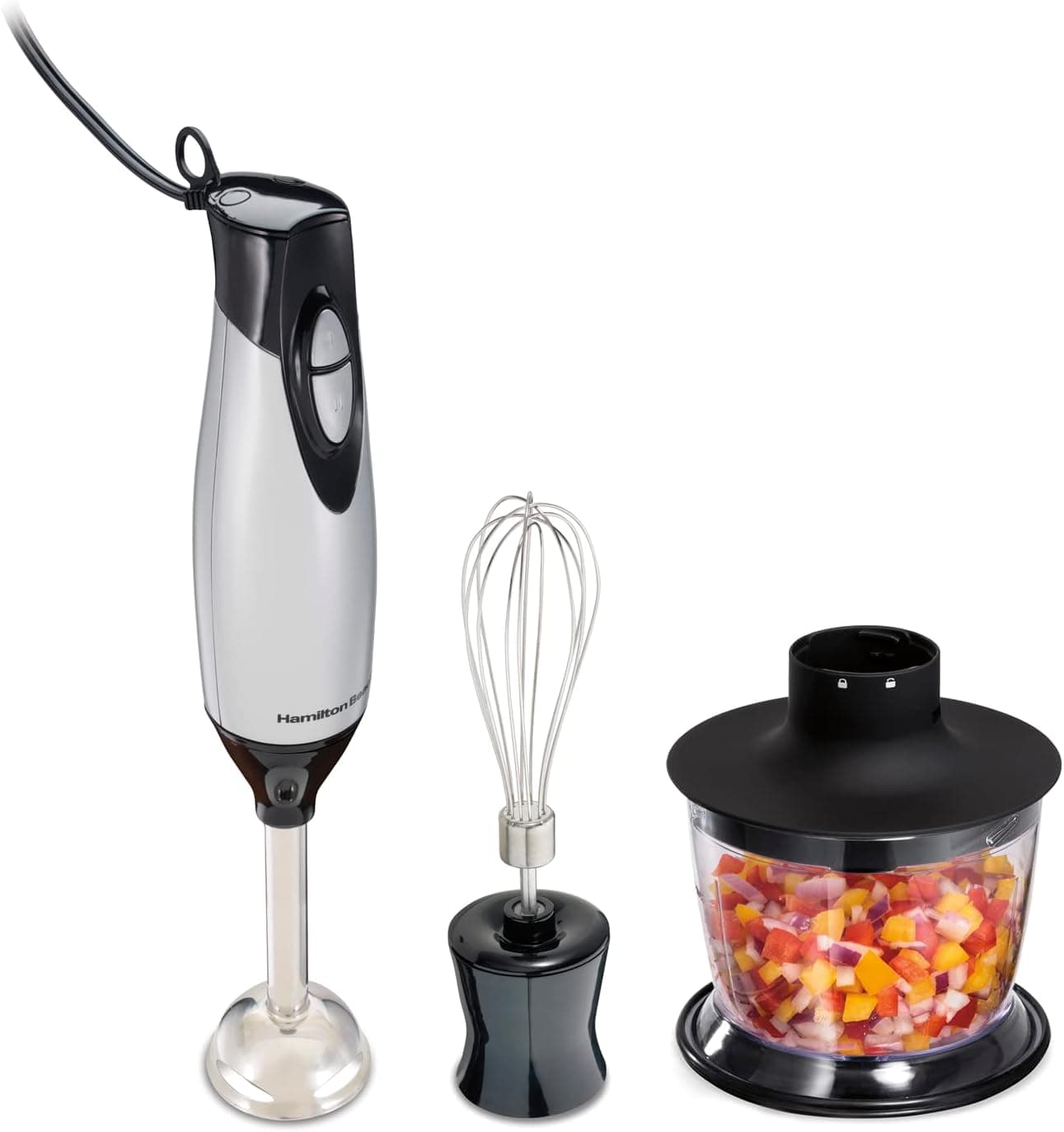 Hamilton Beach 4-in-1 Electric Immersion Hand Blender with Whisk + 3-Cup Chopper Bowl, 225 Watts (59765)