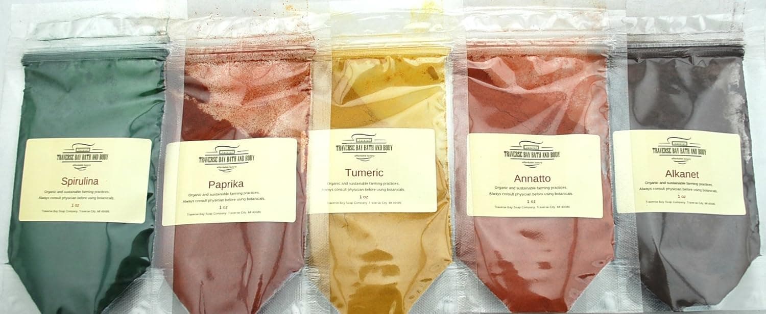 Natural Soap Colorants Sampler - 5oz - Soap Making and Cosmetics, Spirulina, Paprika, Turmeric, Annatto, Alkanet