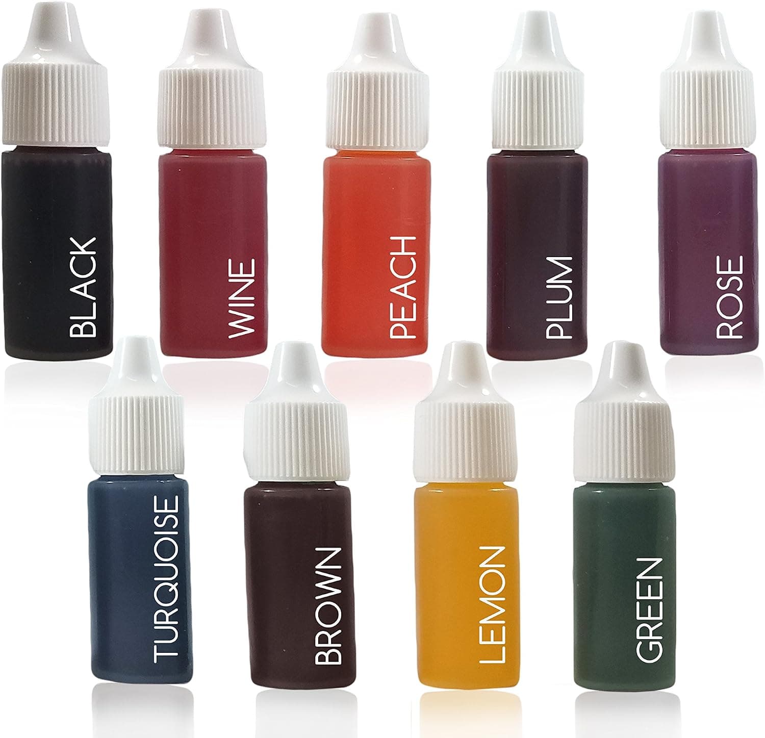 9 Liquid Dye Colorant Set for Soap Coloring, Bath Bomb Making - Plum, Brown, Lemon, Black, Rose, Peach, Turquoise, Wine, Green (10 ml Each)