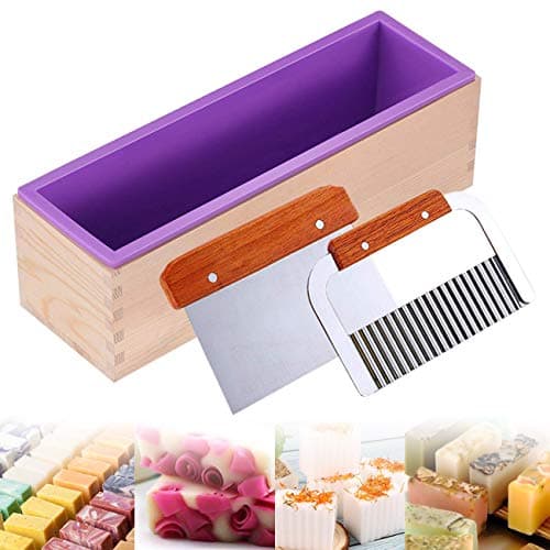 Ogrmar Silicone Soap Molds Kit 42 oz Wooden Silicone Rectangular Mold | Soap Molds For Soap Making Kit with Stainless Steel Wavy & Straight Scraper for Soap Cake Making (Purple)