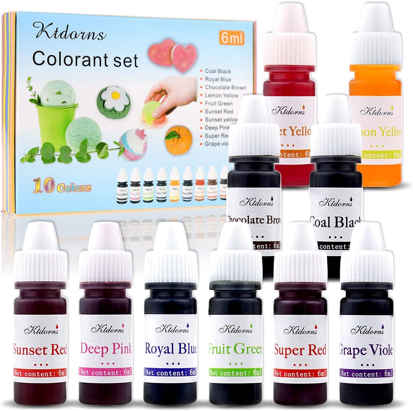 Ktdorns Soap Dye Soap Making Set - 10 Liquid Colors for Soap Coloring, Coal Black, Royal Blue, Chocolate Brown, Lemon Yellow