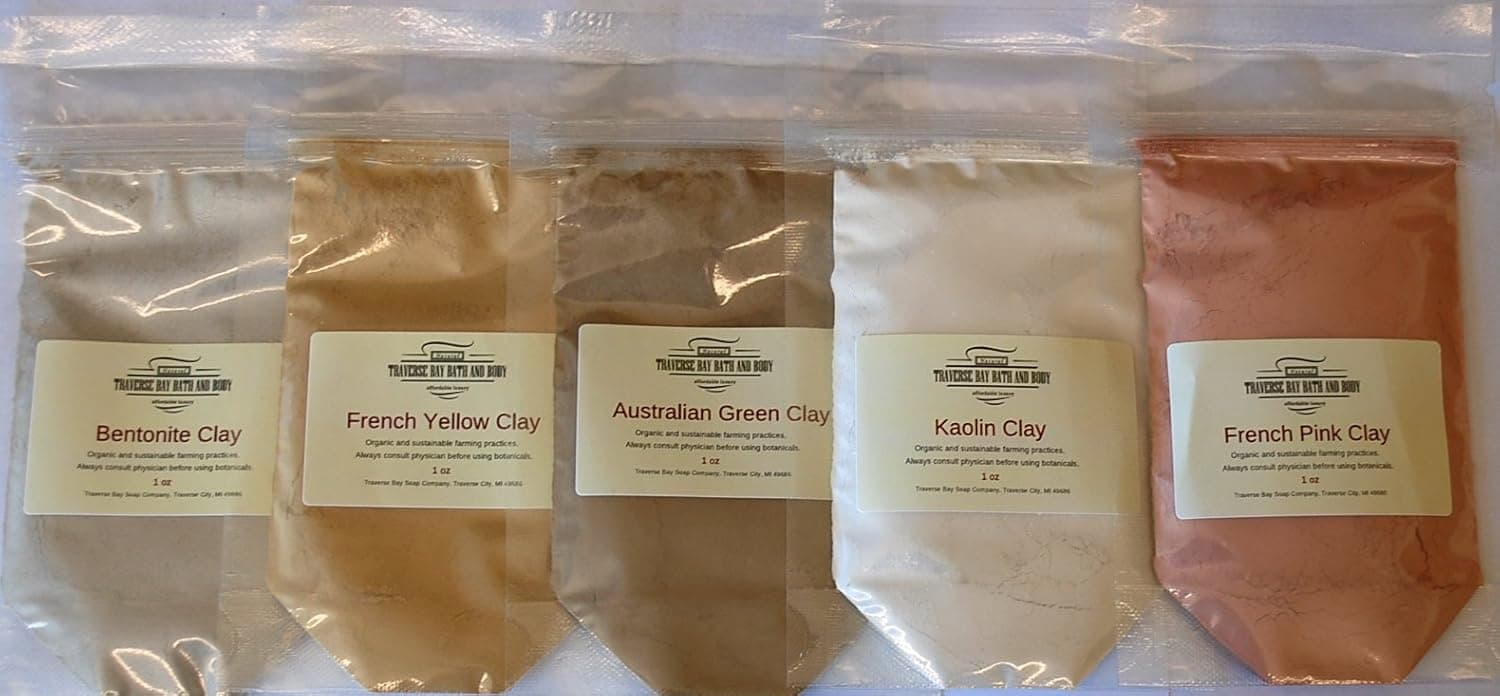Clay Sampler 5oz Soap Making Supplies - Australian Green, Bentonite, Kaolin, French Pink, French Yellow Clay