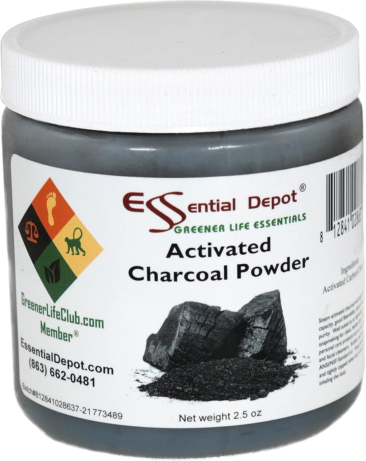 Essential Depot Activated Charcoal Powder - 2.5 oz - Safety Sealed HDPE Container with Resealable Cap