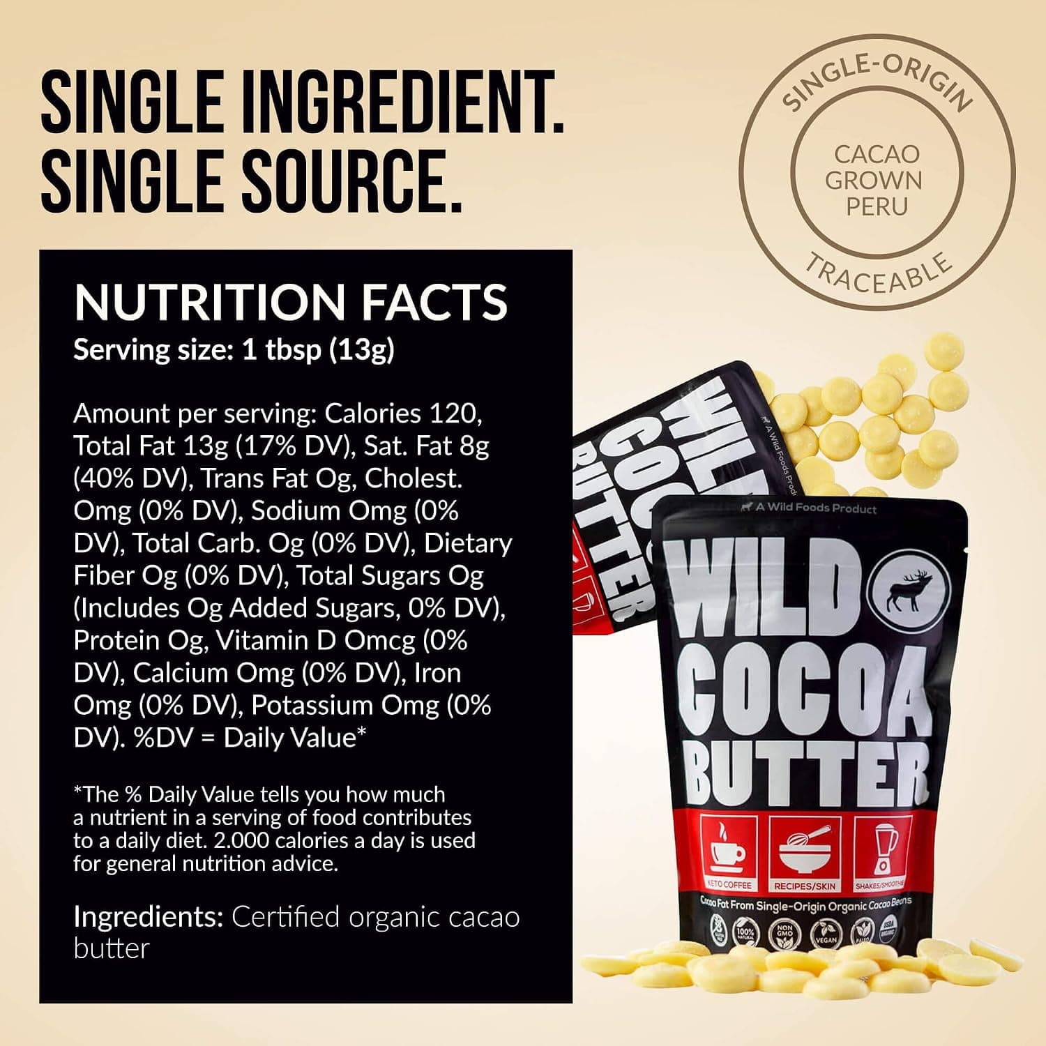Wild Foods Organic Cocoa Butter Wafers Raw Cold-Pressed Cacao Discs 32 oz