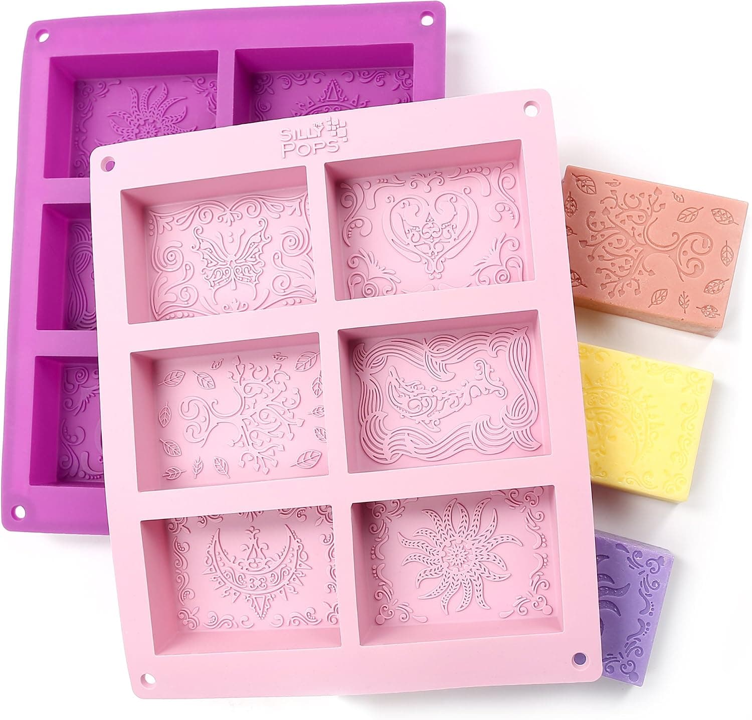 Rectangle Silicone Soap Molds - Set of 2 for 12 Cavities - Mixed Patterns by the Silly Pops