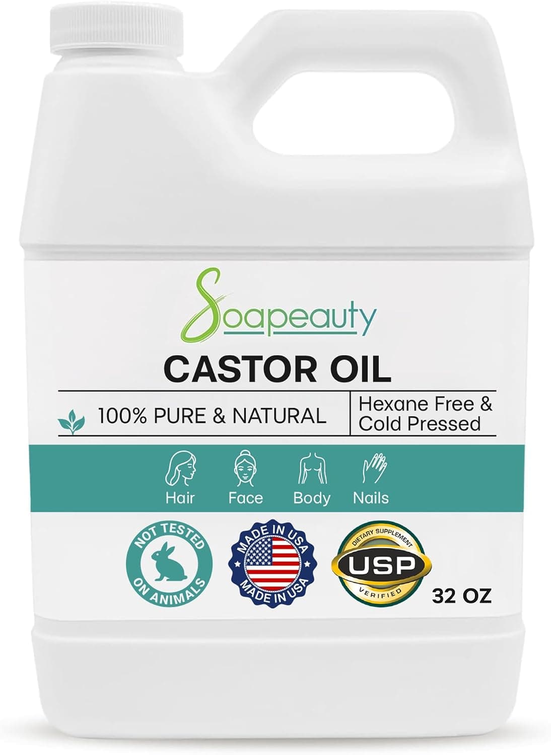 Soapeauty Cold Pressed Castor Oil 100% Pure USP Grade Hexane Free 32 fl oz