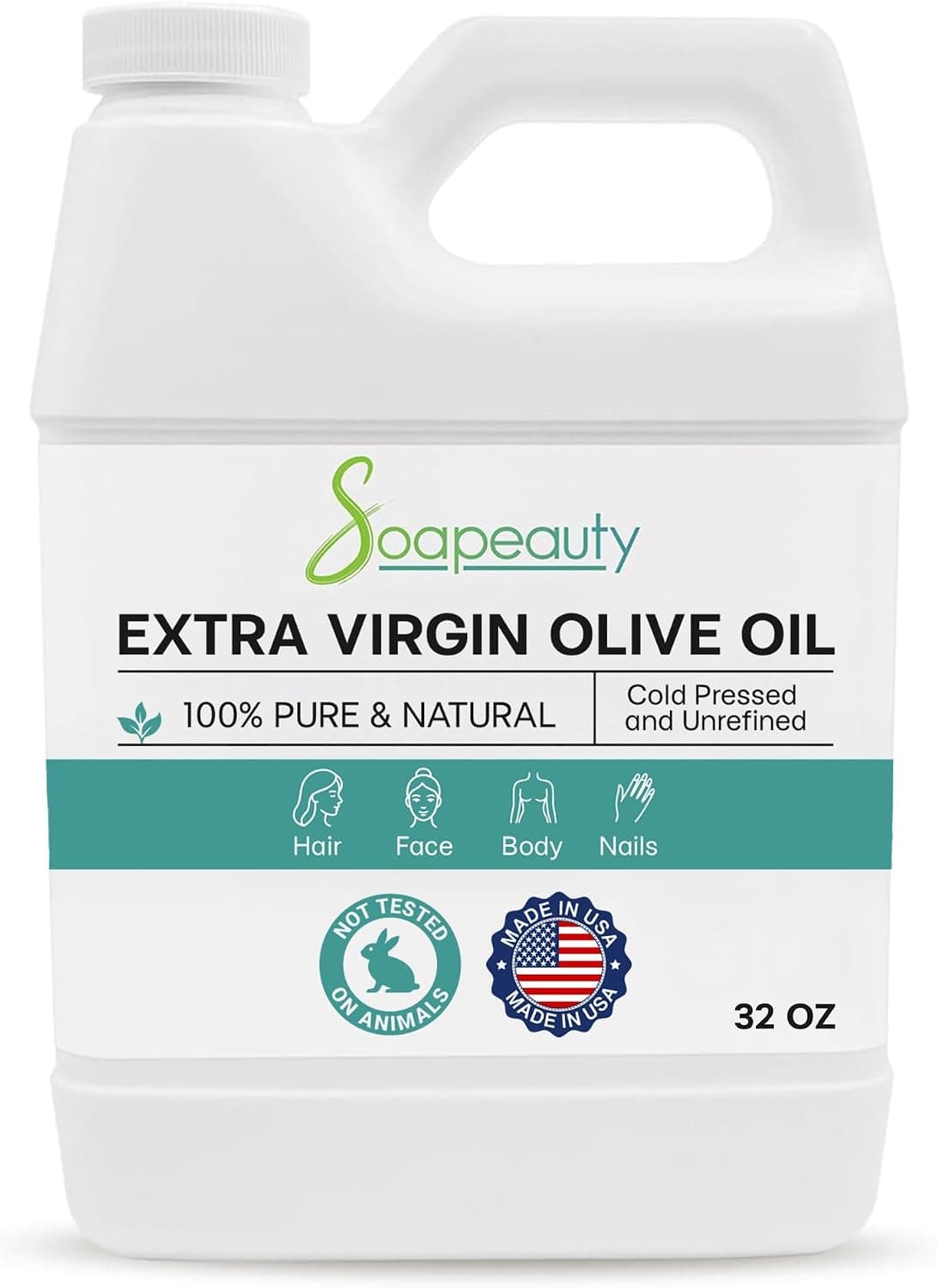 Soapeauty Extra Virgin Olive Oil 100% Pure Unrefined Cold-Pressed Carrier Oil, 32 Fl Oz