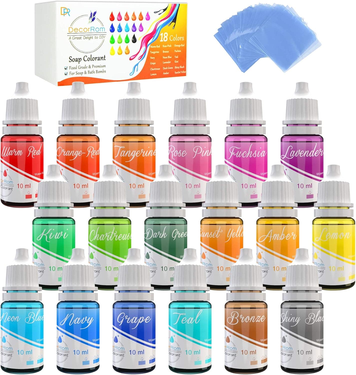 18 Color Bath Bomb Soap Dye with Shrink Wrap Bags - Food Grade Skin Safe Coloring for DIY Bath Bomb Making, Handmade Soaps