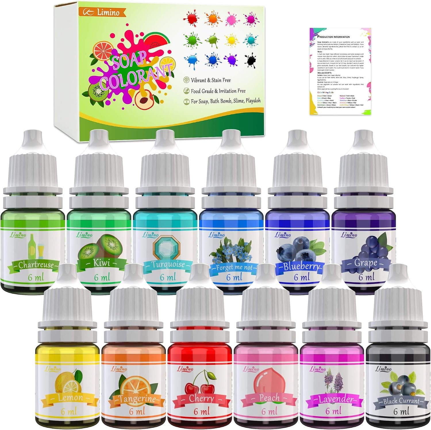 Limino 12 Color Bath Bomb Soap Dye - Skin Safe, Food Grade Coloring for Soap Making Supplies, DIY Bath Bomb Supplies Kit