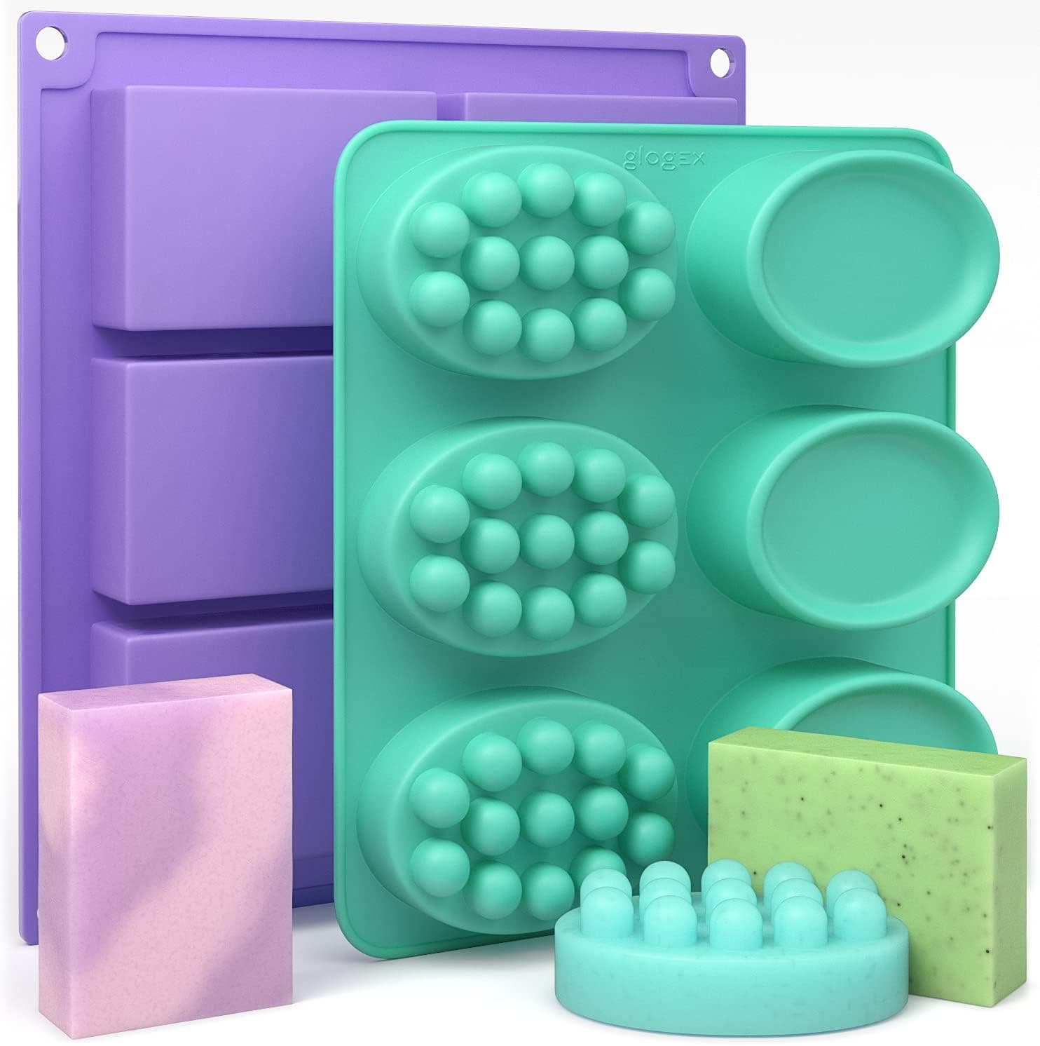 Glogex Silicone Soap Molds for Soap Making 2 Pack - Rectangle, Oval, Massage Bar Shapes