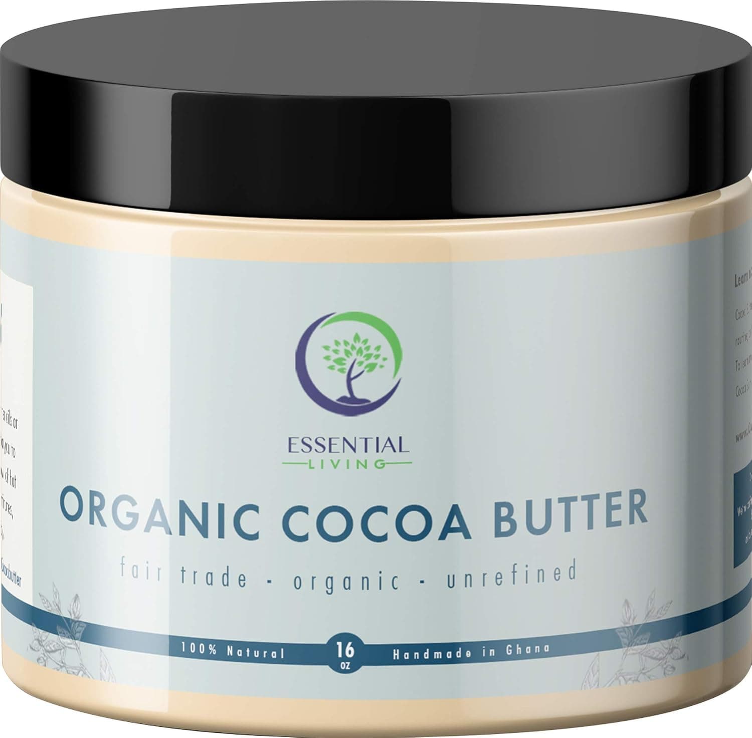 Essential Living Unrefined Cocoa Butter 16 oz Jar 100% Natural Fair Trade