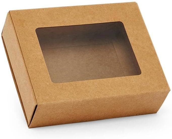 Paper Mart Soap Boxes for Homemade Soap, 100 Pack, Slide Open Kraft Boxes with Clear Window, 4 x 3 5/16 x 1 1/4 Inch