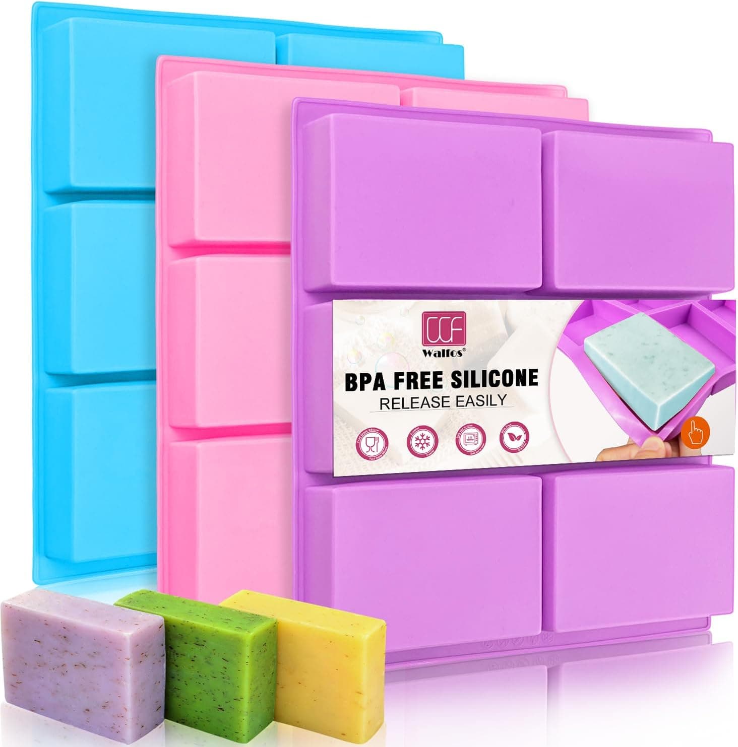Walfos Silicone Soap Molds Set of 3, 6 Cavities Rectangle Silicone Soap Molds for Homemade Craft
