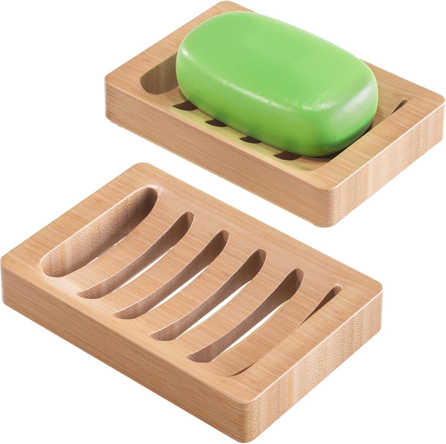 AmazerBath Soap Holder Soap Dish, Bamboo Soap Dish, 2 Pack Wood Bar Soap Holder for Shower, Trays Self Draining (Natural)