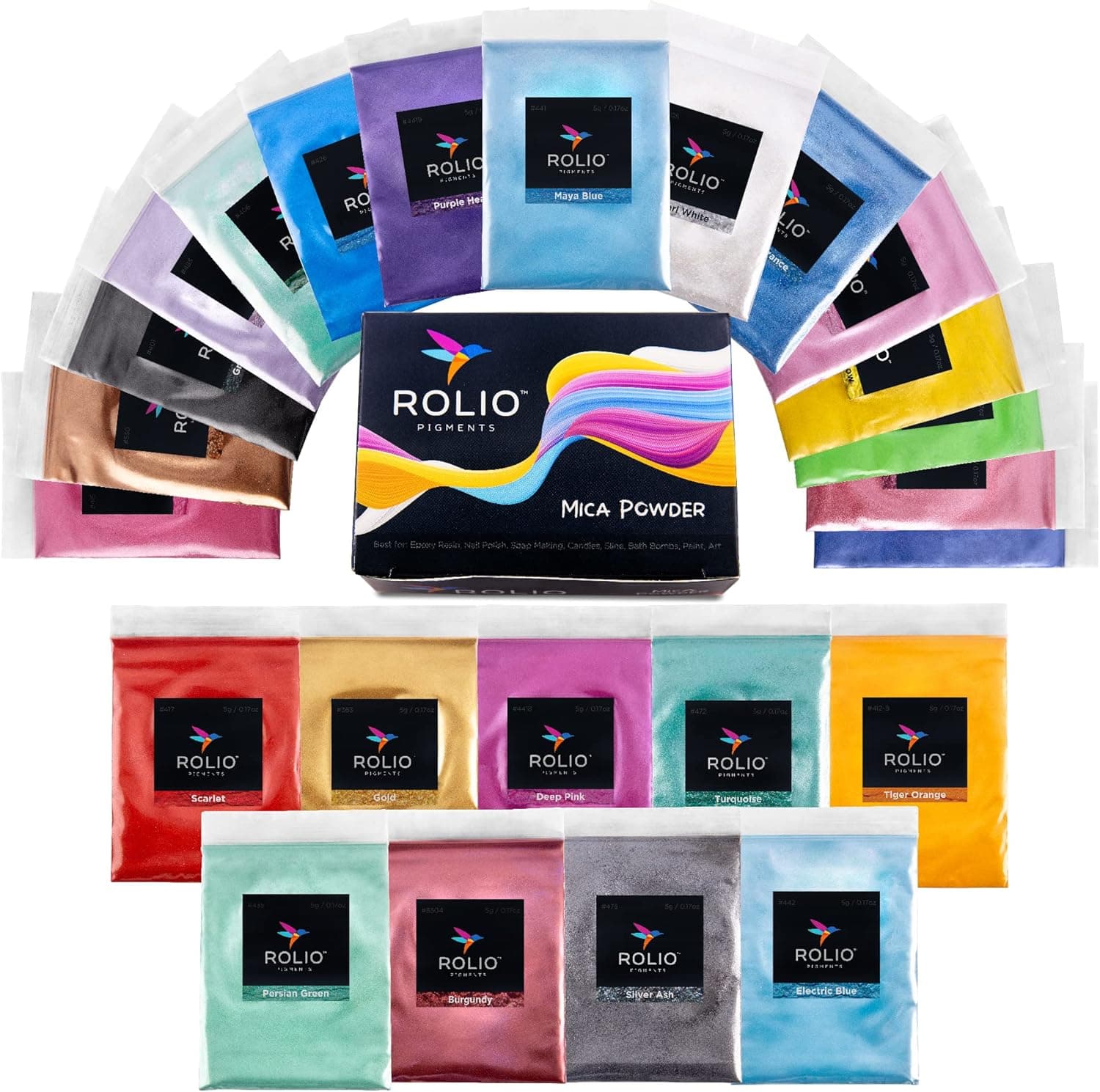 Rolio Mica Powder Pearlescent Color Pigment - 24 Bags 5g for Soap Making, Resin, Candles