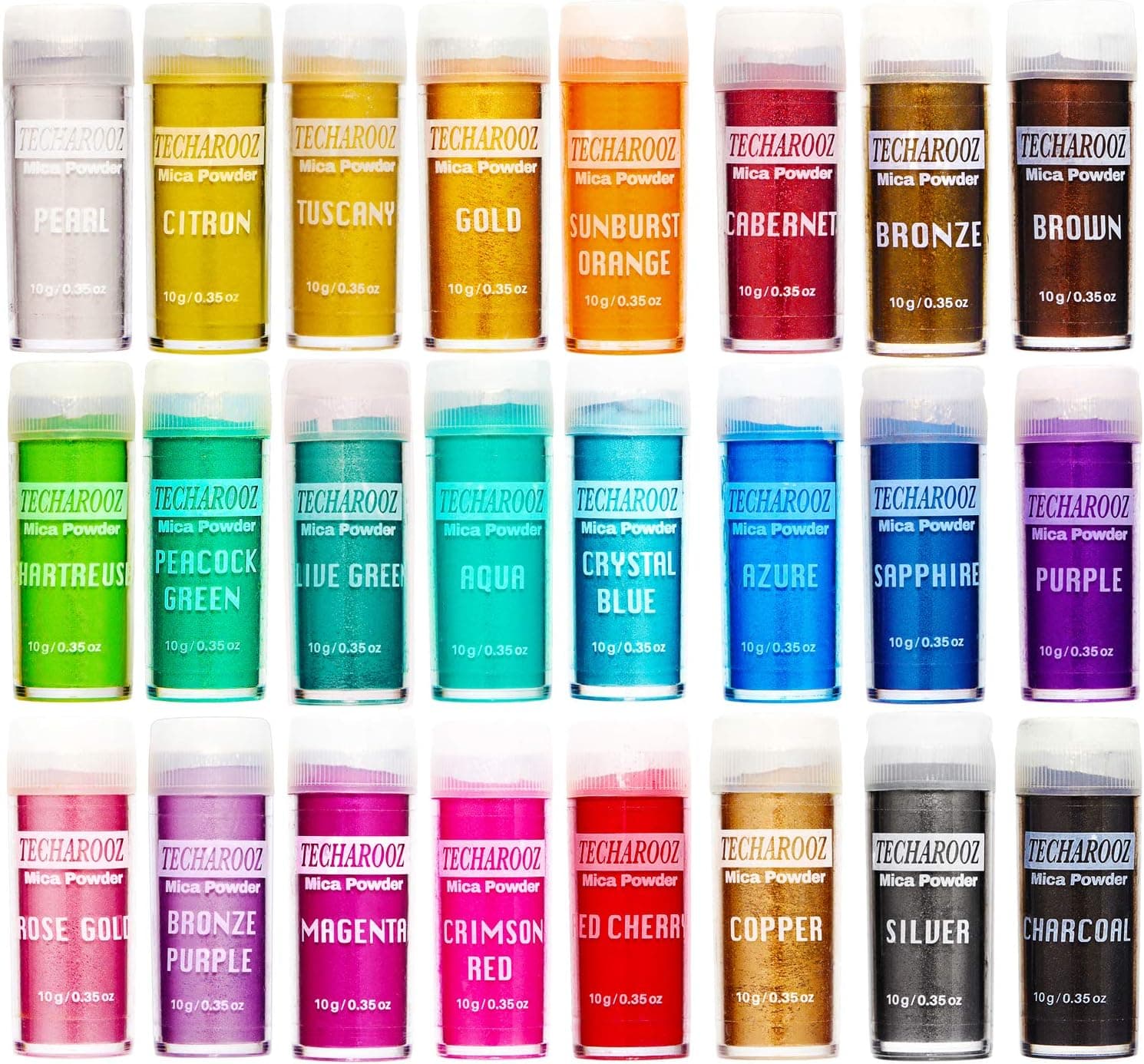 TECHAROOZ Mica Powder Set - 24 Cosmetic Grade Pigment Colors (10g Each) for Soap Making