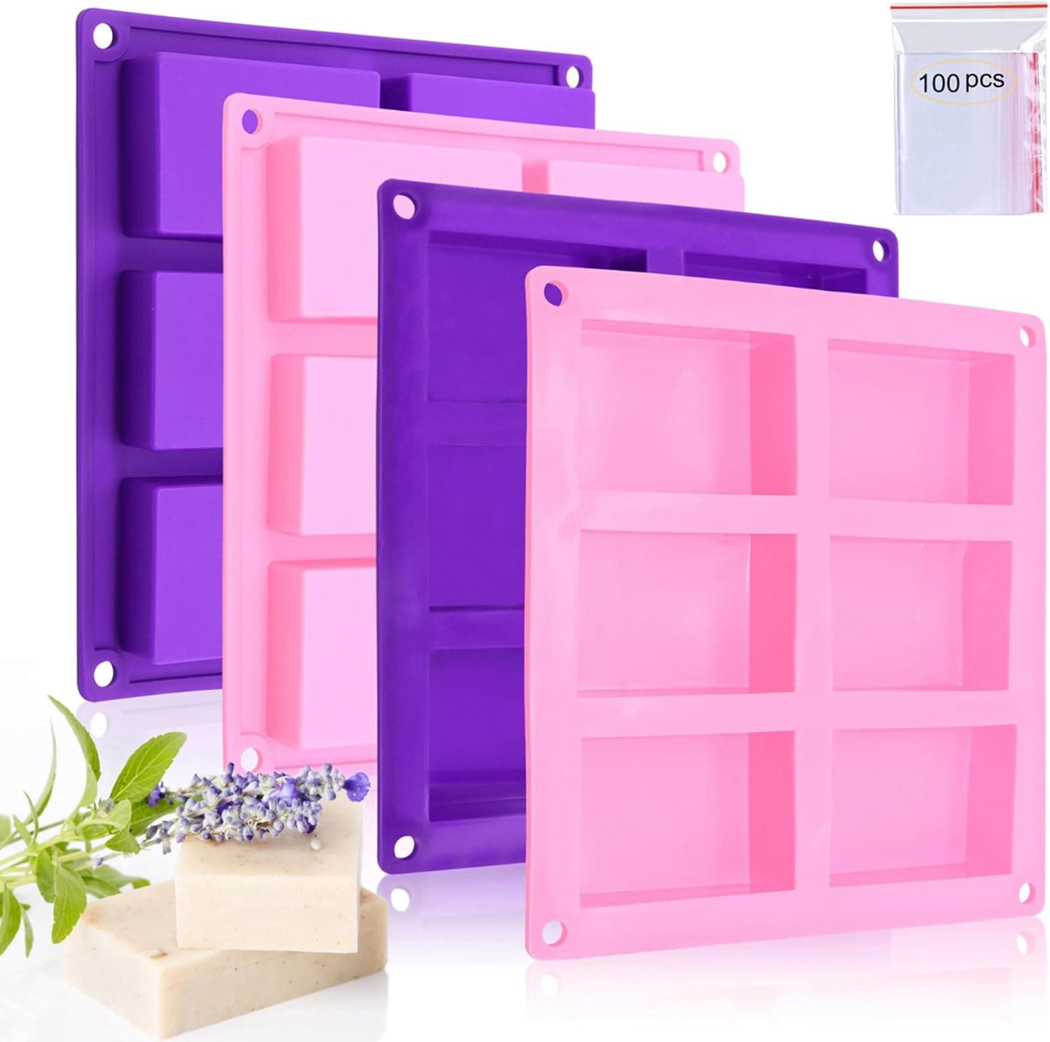 Bangp 4 Pack Silicone Soap Molds, Rectangle Soap Mold, 6 Cavities