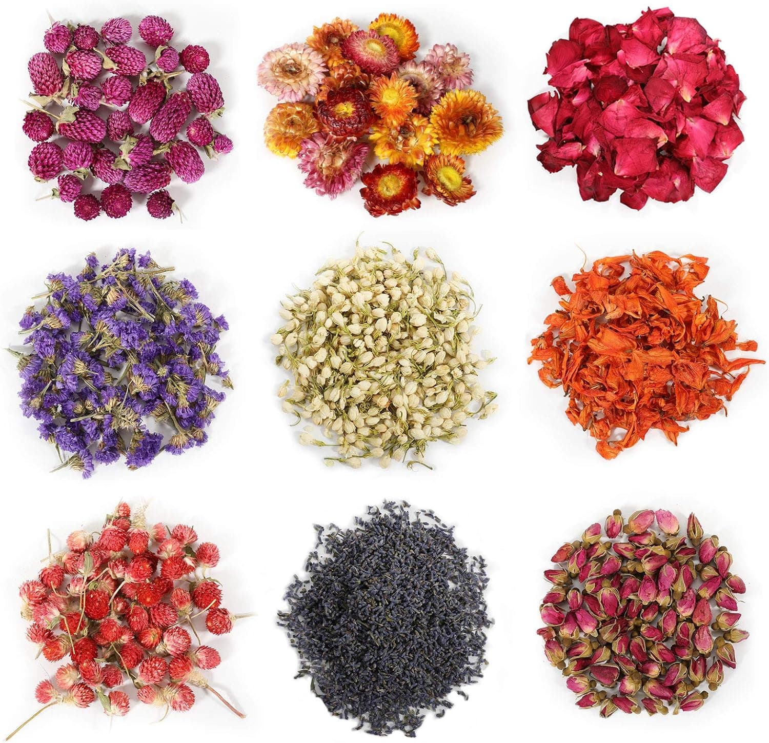 9 Bags Dried Flowers 100% Natural Herbs Kit for Soap Making, DIY Candle Making, Bath - Rose Petals, Lavender, Jasmine