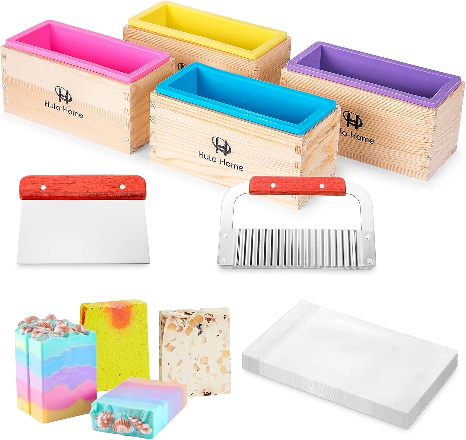 Soap Molds for Soap Making with Cutter & Wooden Box (88oz Total, Silicone Mold), Stainless Steel Wavy & Straight Slicer