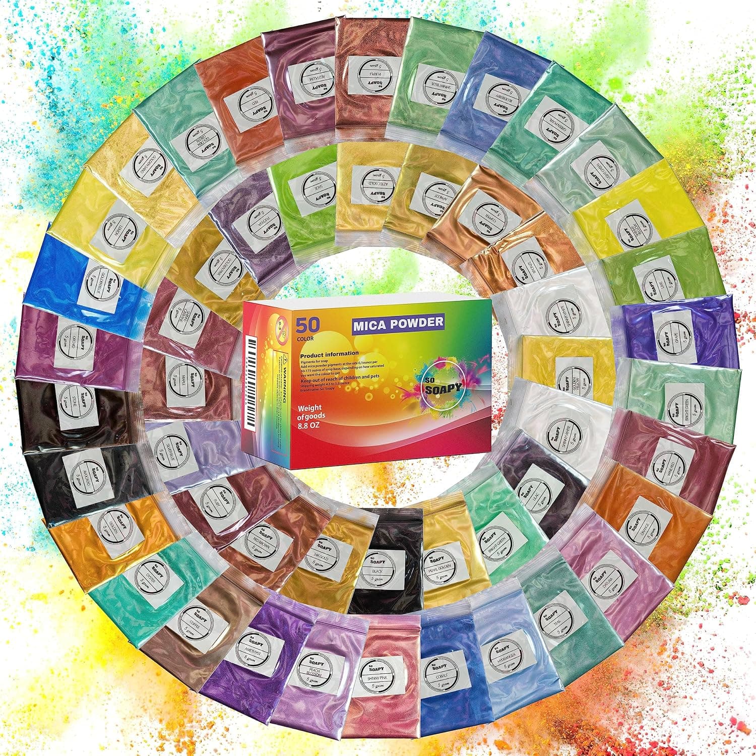 Mica Powder 50 Colors Set 5g Each Bag Natural Pigment for Soap Making, Candle Dye, Bath Bombs