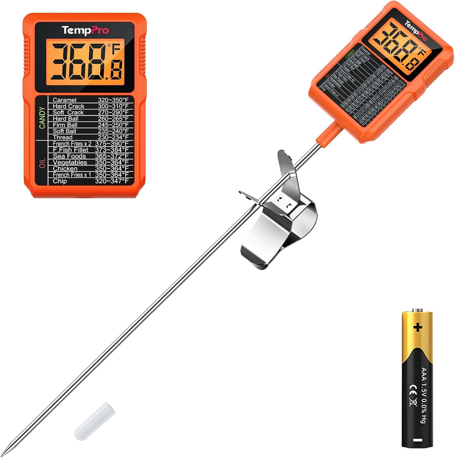 TempPro TempDip 1 Sec Digital Candy Thermometer with Pot Clip & 10" Probe, Waterproof Instant Read