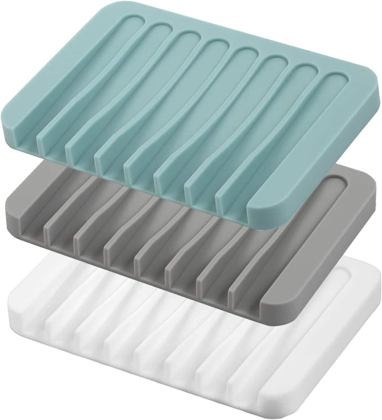 Self Draining Soap Dishes, 3 Pcs Silicone Soap Saver, Waterfall Drainer Soap Holder for Bathroom (White, Gray, Teal)