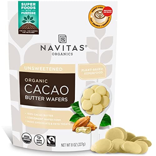 Navitas Organics Cacao Butter Wafers - For Hot Cocoa, Desserts, Baking & DIY Skincare Recipes - 100% Unrefined Food Grade Cacao Butter - USDA Organic, Fairtrade, Non GMO, Vegan (8oz. Bag 17 Servings)