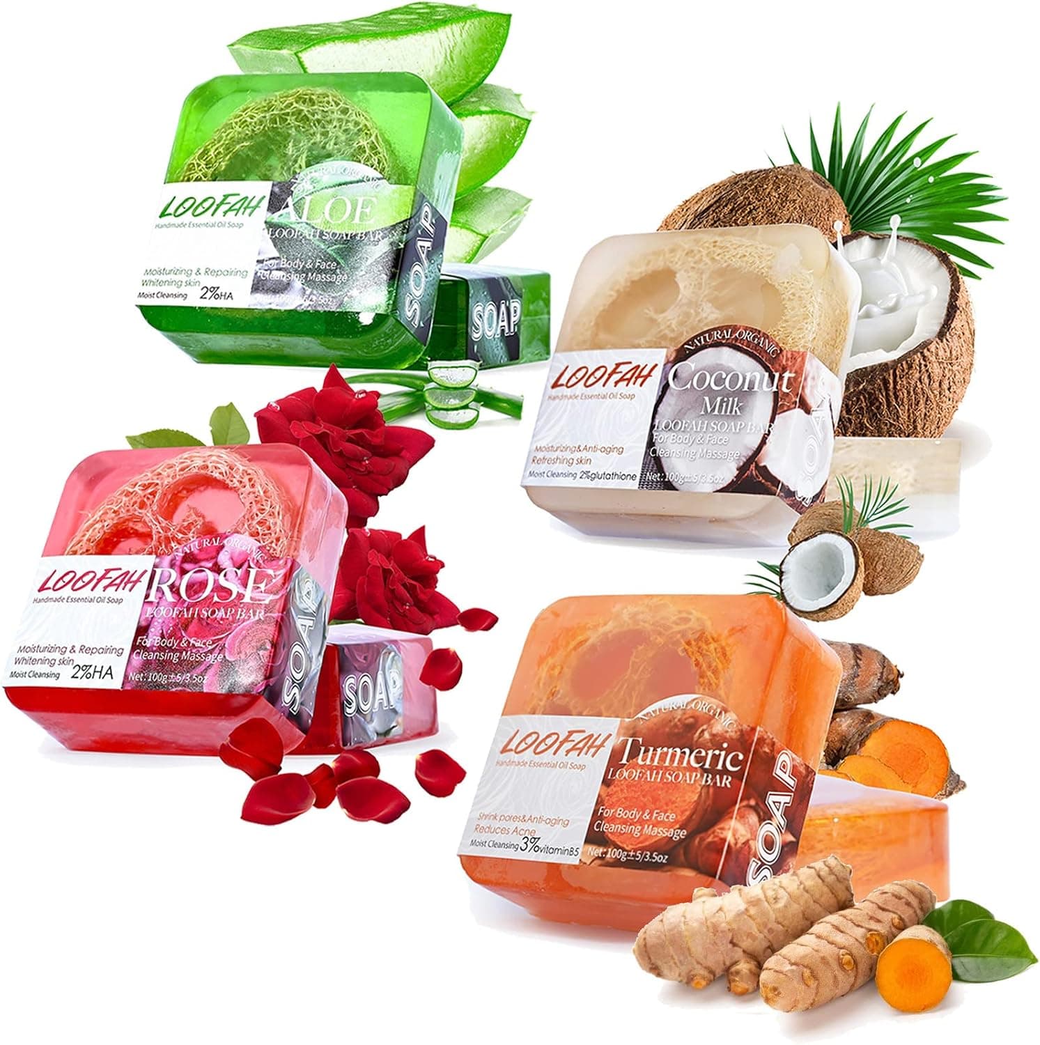 Natural Loofah Soap Bar 4PCS - Exfoliating Soap with Loofah Inside (Turmeric, Aloe, Rose, Coconut Milk)