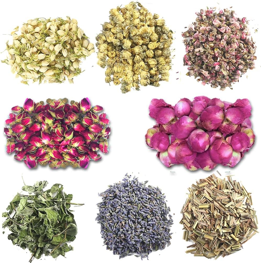 Dried Flowers Soap Making Set - Rose Buds, Lavender, Jasmine, Chrysanthemum, Lemongrass, Mint, Peony, Peach Blossom