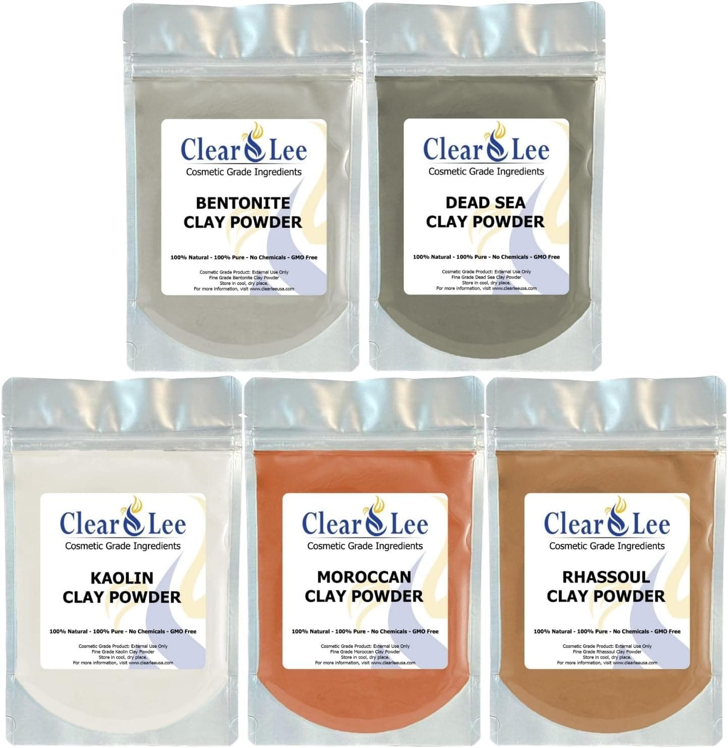 ClearLee Cosmetic Grade Clay Powders Variety Pack - Kaolin, Bentonite, Dead Sea, Moroccan, Rhassoul Clay, 5 Pack