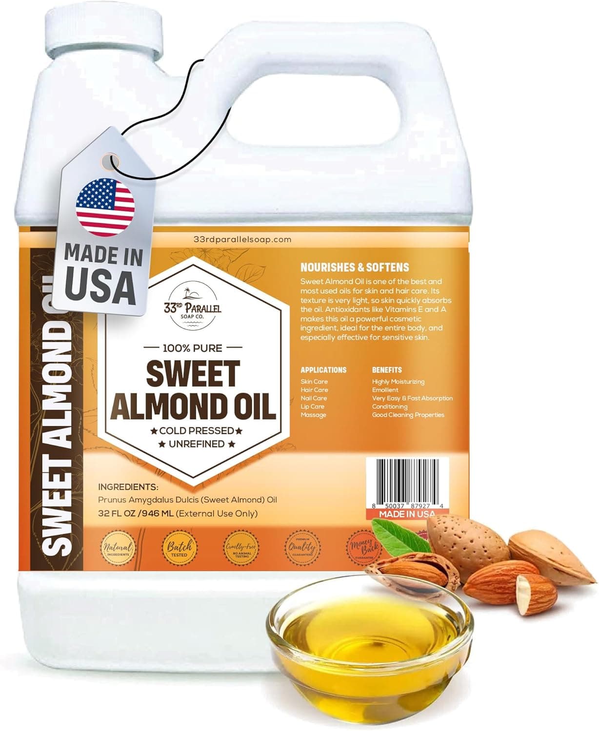 Organic Sweet Almond Oil 32 oz Premium Cold Pressed Unrefined 100% Pure