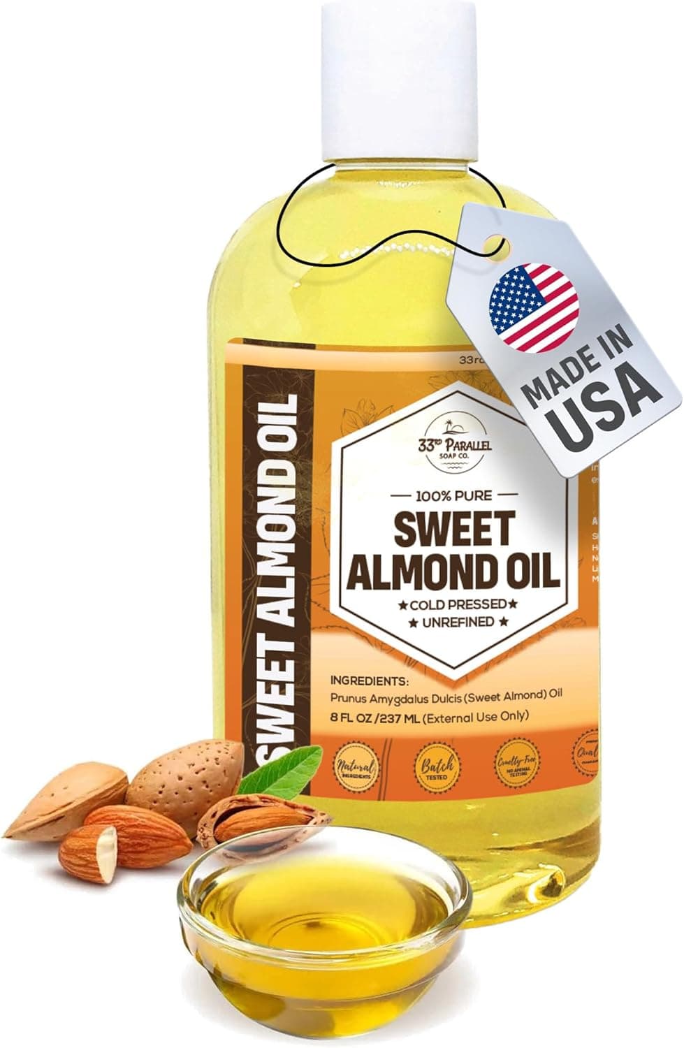 Organic Sweet Almond Oil 8 oz Premium Cold Pressed Unrefined 100% Pure