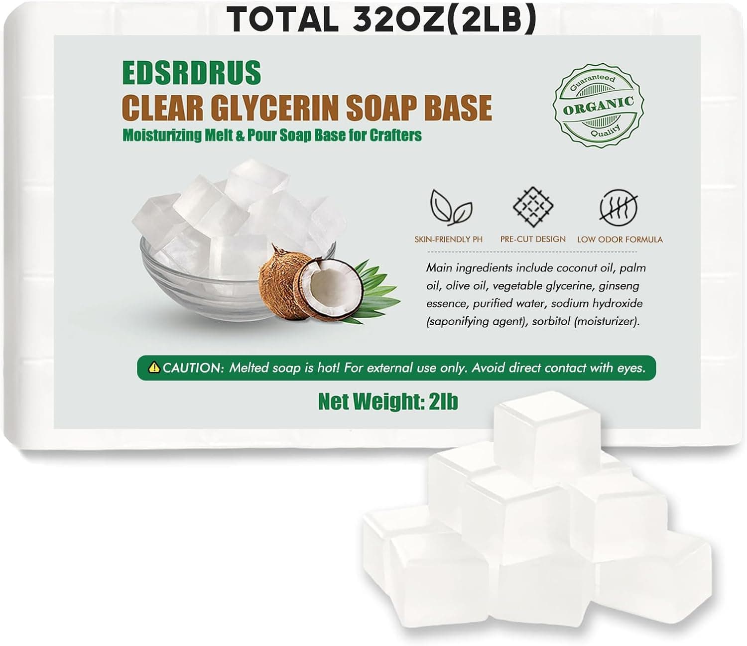 EDSRDRUS 2LB Unscented Clear Glycerin Soap Base, Melt and Pour (Transparent)