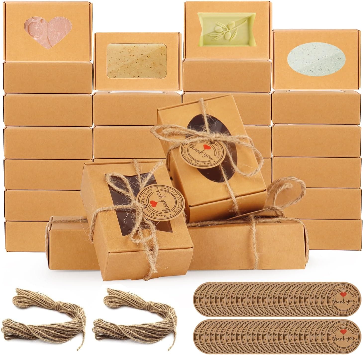 RYKOMO 60 PCS Kraft Soap Boxes with Window - Mini Soap Gift Boxes for Homemade Bakery, Candy, Cookies, 3.55 x 2.4 x 1.2 Inch