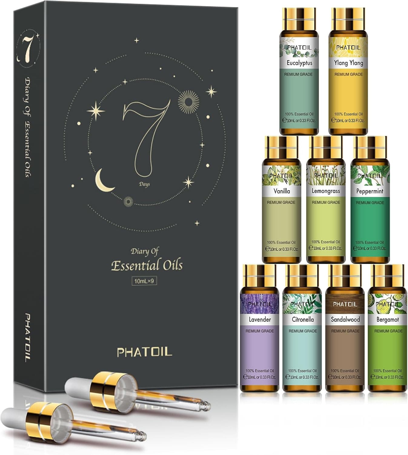 PHATOIL 9PCS Premium-Quality Essential Oils Set for Soap Making Diffusers, 10ml