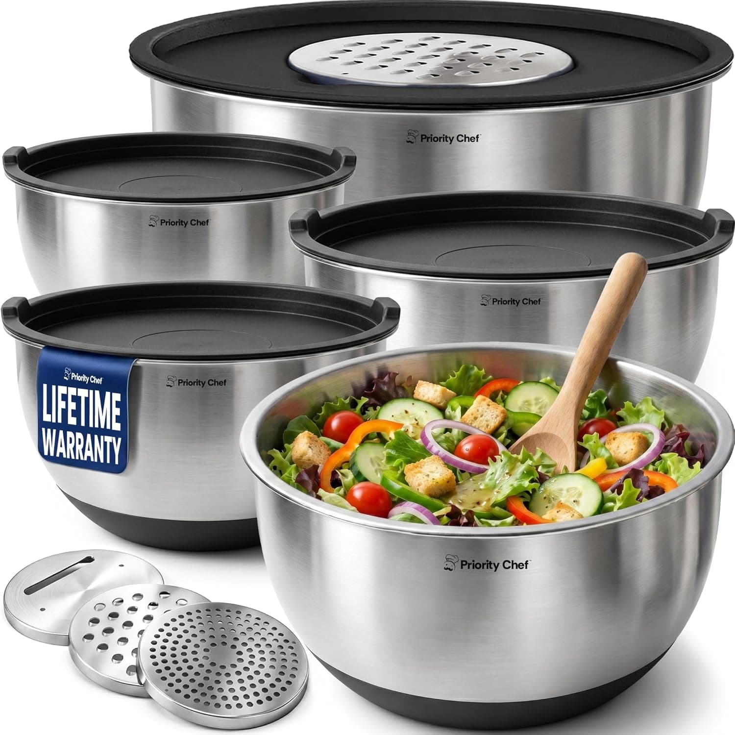 Priority Chef Stainless Steel Mixing Bowls with Lids Set, Non-Slip Silicone Base