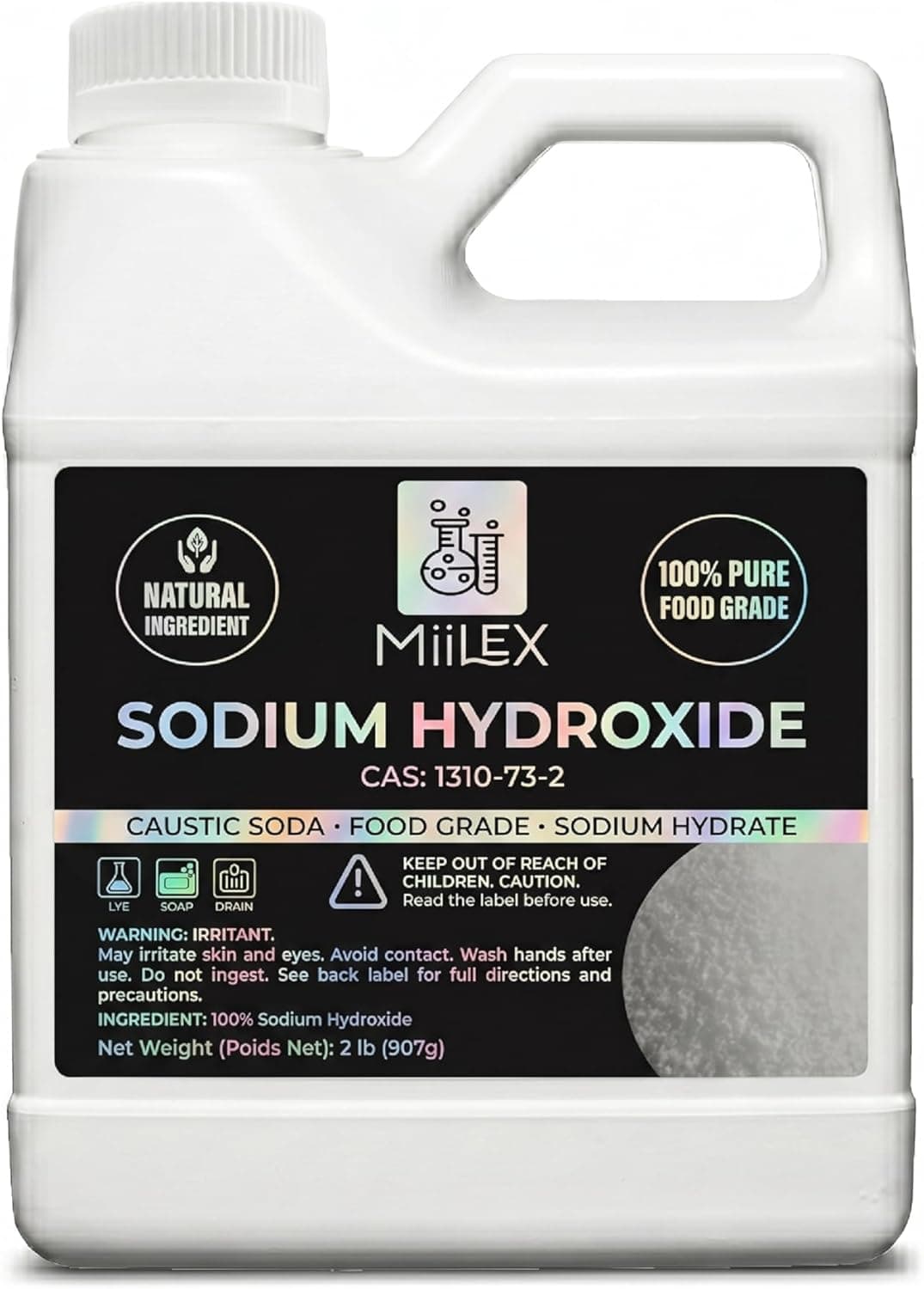 Miilex Food Grade Lye Sodium Hydroxide, 100% Pure Caustic Soda, Kosher, 2lbs