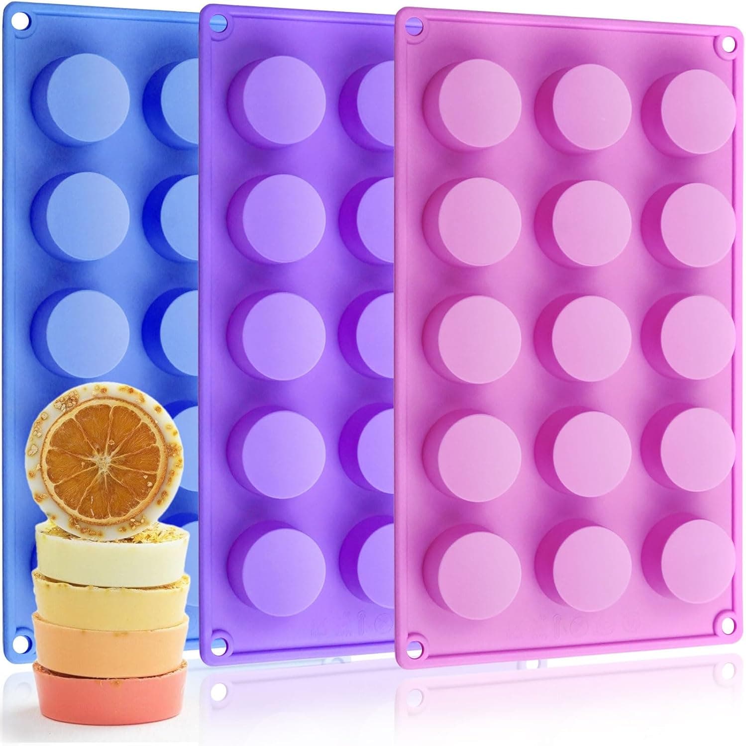 Soap Molds Silicone Round Cylinder 3 Packs 15 Cavities Non-stick Tray BPA Free Food Grade