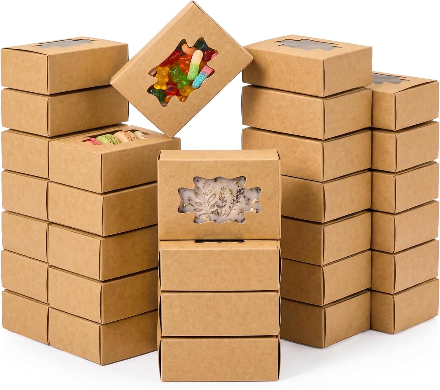 WRINGKIT 100 Pack Kraft Paper Soap Boxes, Kraft Treat Boxes with Window, Rectangle Soap Wrappers Packaging