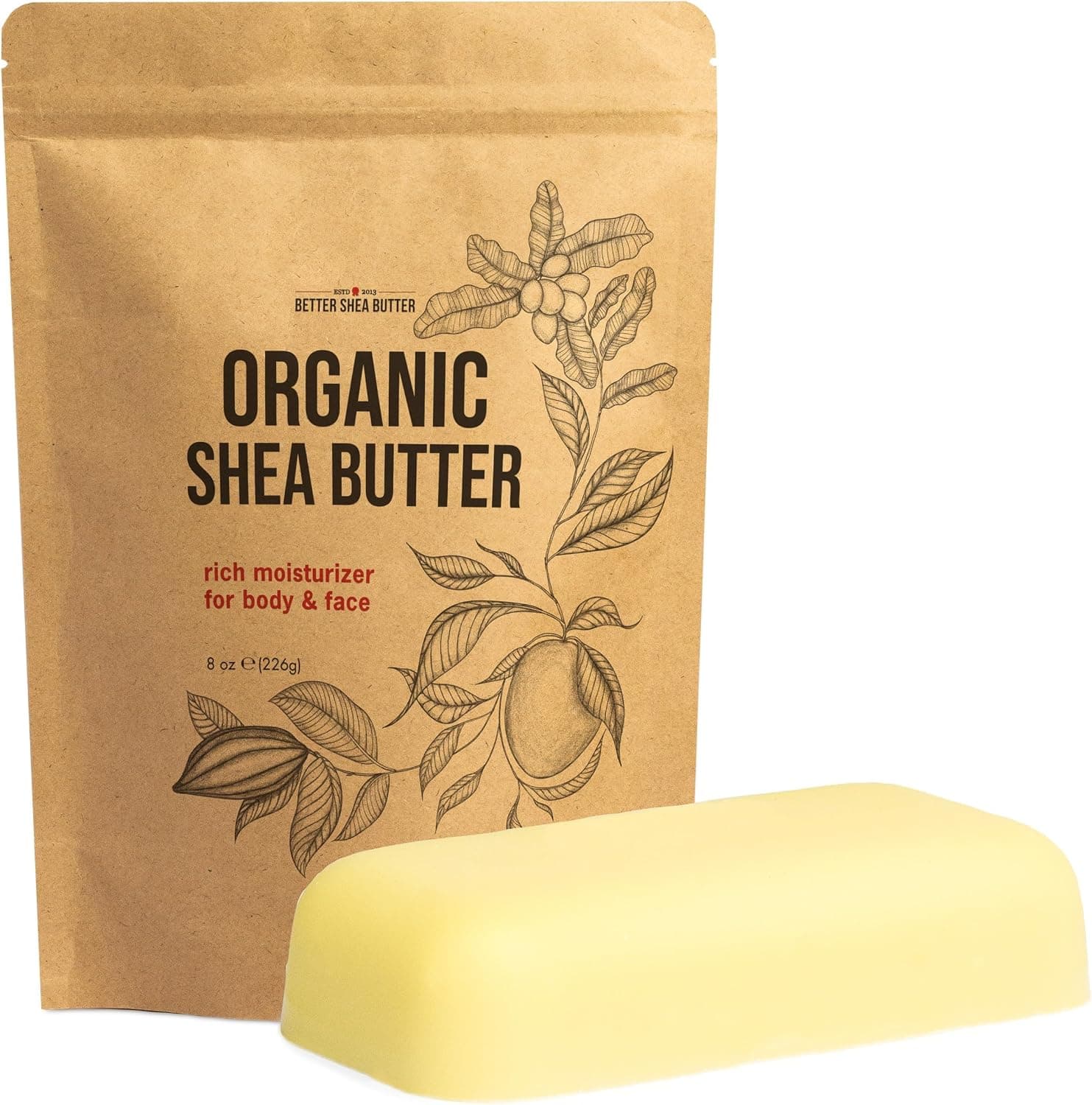 Organic Shea Butter Raw Unrefined USDA Certified, Body Butter Base for Soap Making, 8 oz Bar