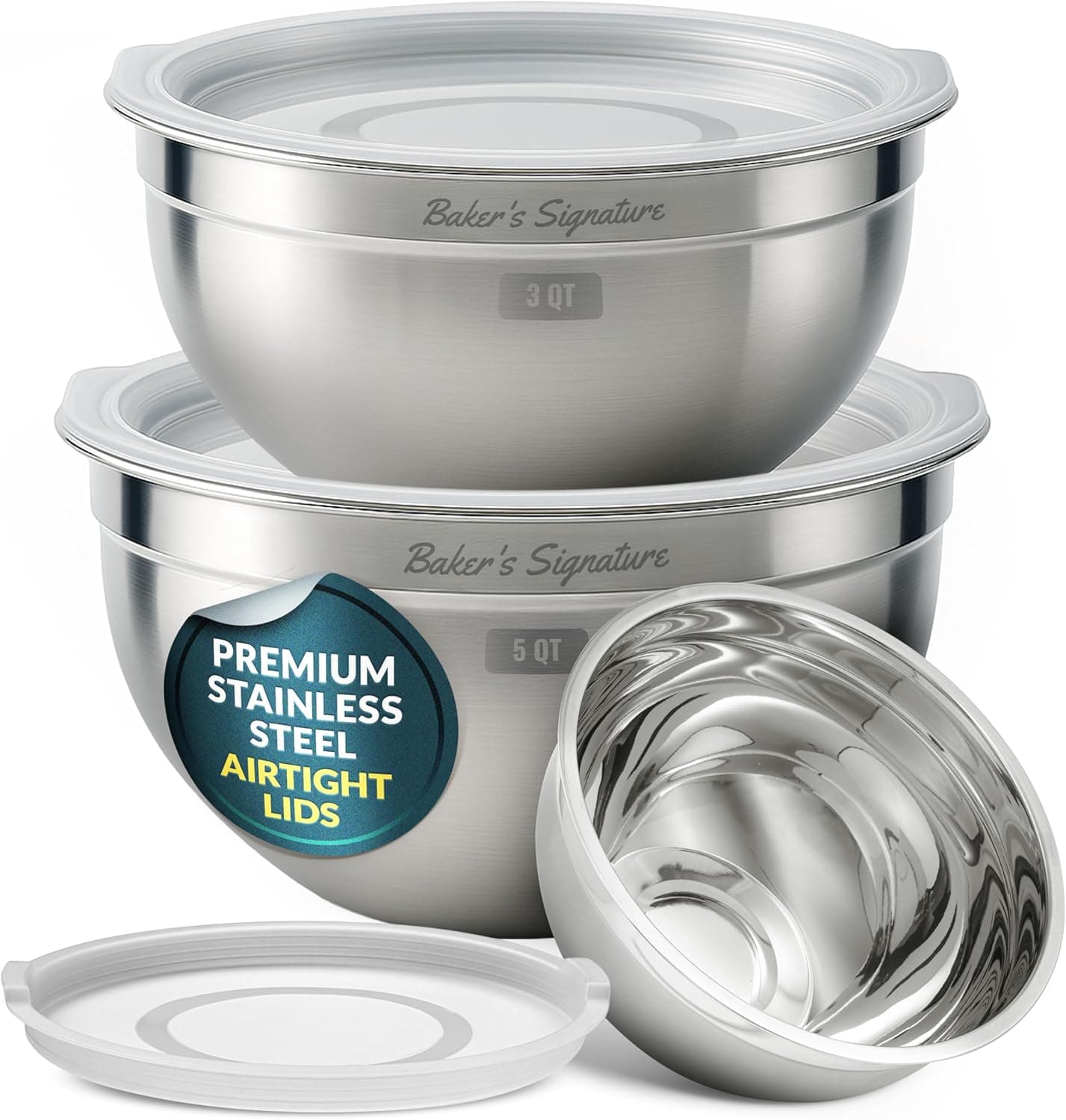 Baker's Signature Stainless Steel Mixing Bowls With Lid, Set of 3 (1.5/3/5 Qt)