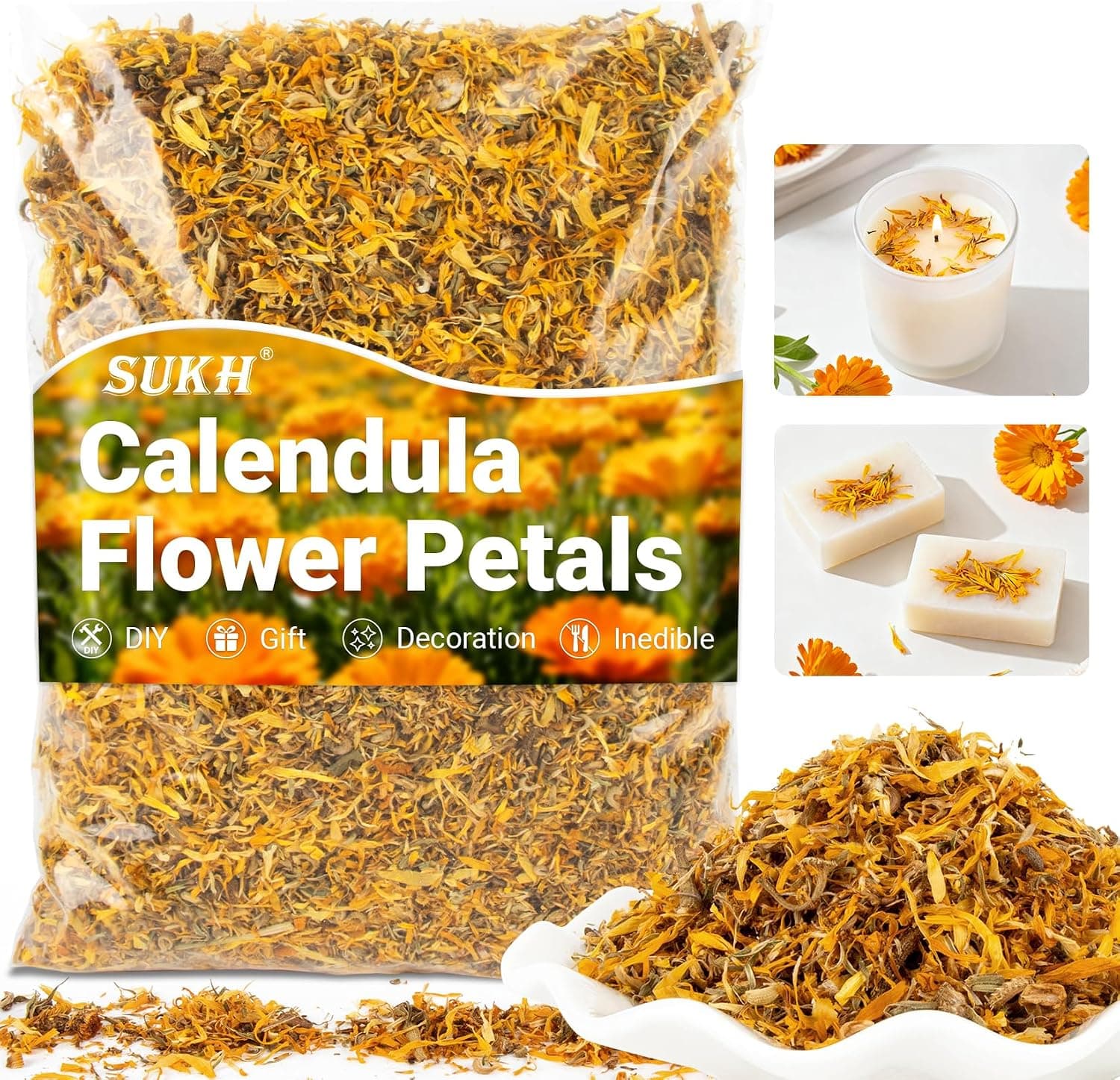 Sukh Dried Calendula Petals - Natural 3oz Bulk Calendula Flowers for Soap Making & Candle Making