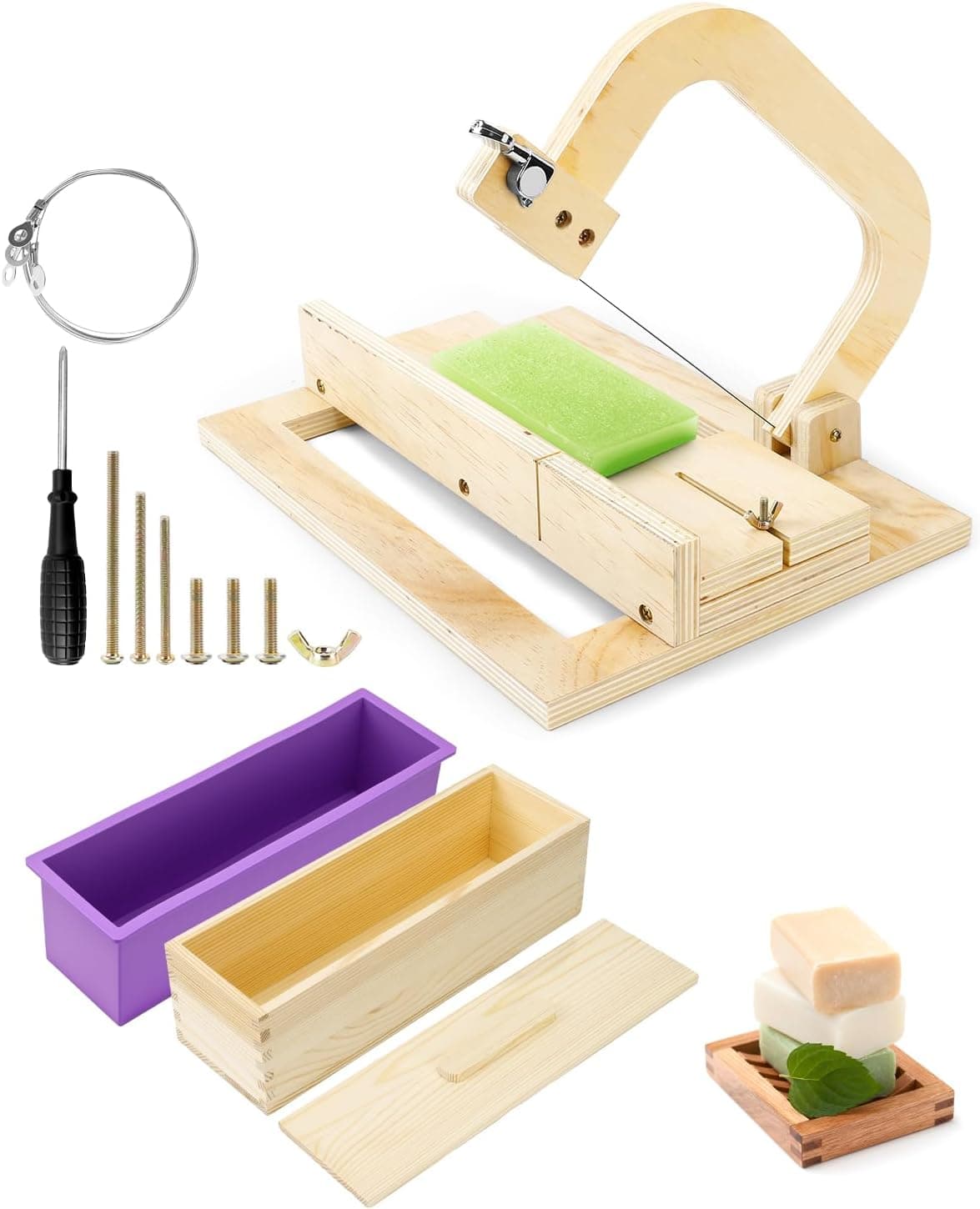 UCEC Soap Cutters for Soap Making Loaf Slicer, Adjustable Soap Cutter with Silicone Loaf Mold, Wooden Box with 10 Replacement Wires