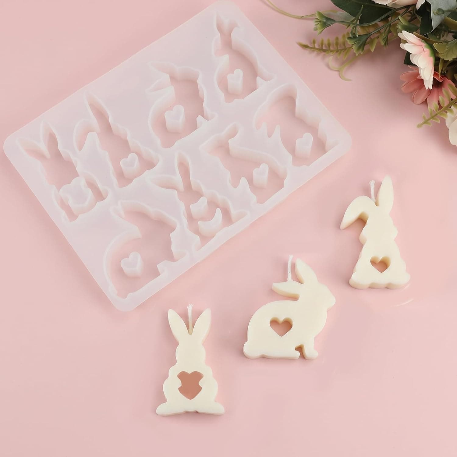 8-Cavity Novelty Silicone Mold with Cute Cat or Rabbit Shapes for DIY Candles, Soap, Home Decor
