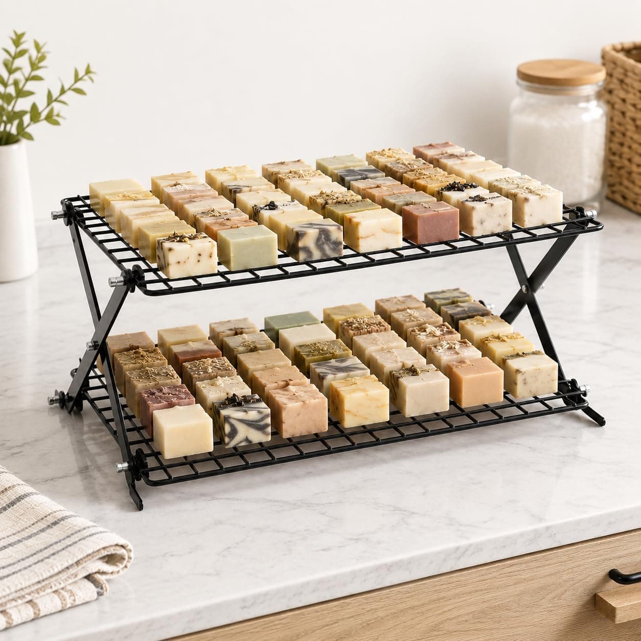 Black 2-Tier Soap Curing Rack, Foldable Metal Drying Stand, Adjustable Height for Handmade Bars