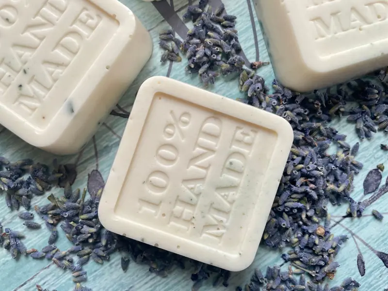Close-up of handmade organic soap with lavender accents, perfect for natural skincare